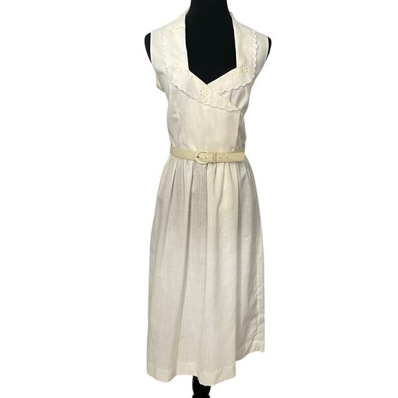 Vintage Dresses & Skirts - Vintage 70s Albert Capraro Lace Wrap Dress Fit and Flare Belted Cream Midi Dress